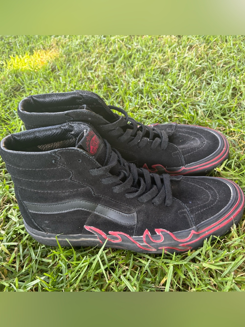 Vans Black Suede High-Top Sneakers with Red Flame Accent